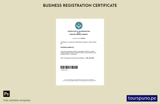 listo para imprimir Certificado de registro empresarial de Kirguistán Plantilla 